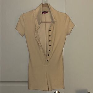 Beige Short Sleeve Button-Up Romper